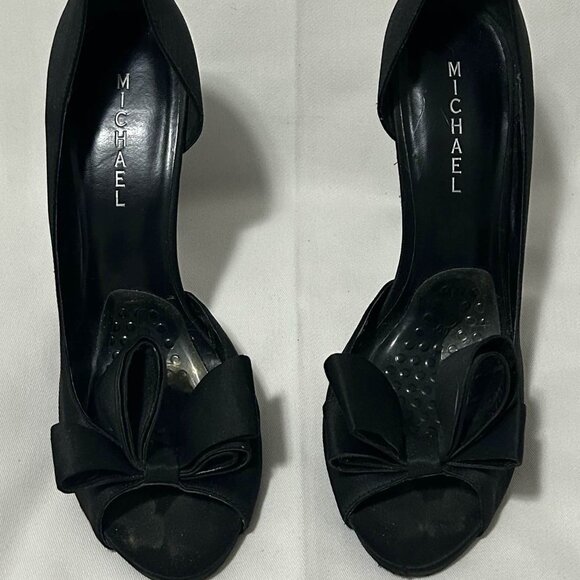 Michael - Black Satin Peep Toe Heels With Bow Accent - Picture 1 of 5